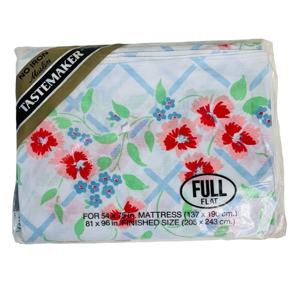 Retro 70s Tastemaker Full Double Flat Sheet Muslin VTG Pink Floral Blue Lattice